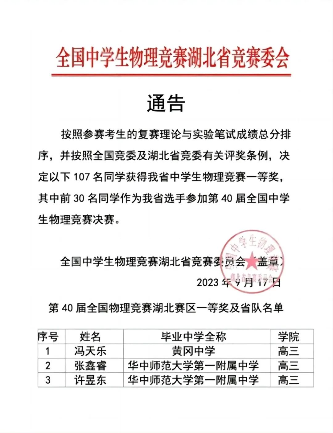 物理競賽省一等獎公布