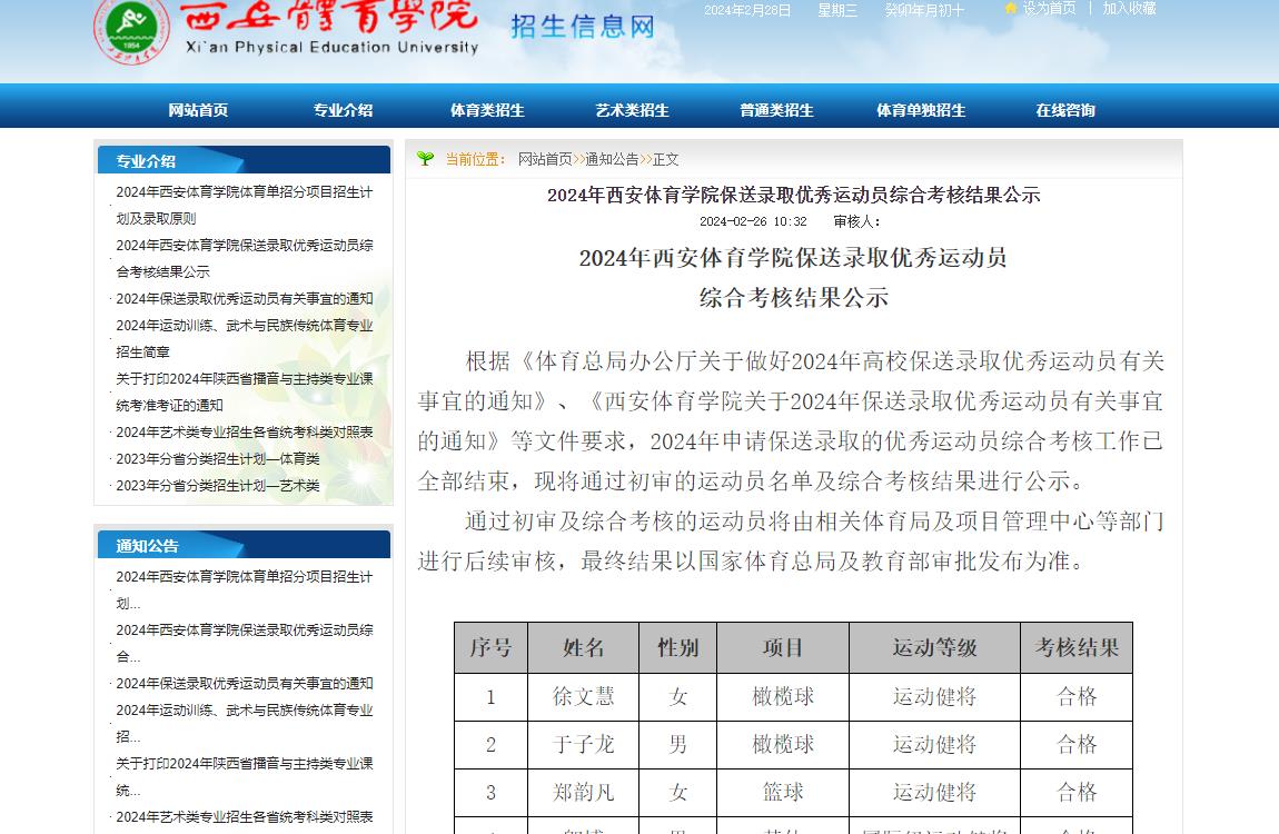 2024年西安體育學院體育類招生信息