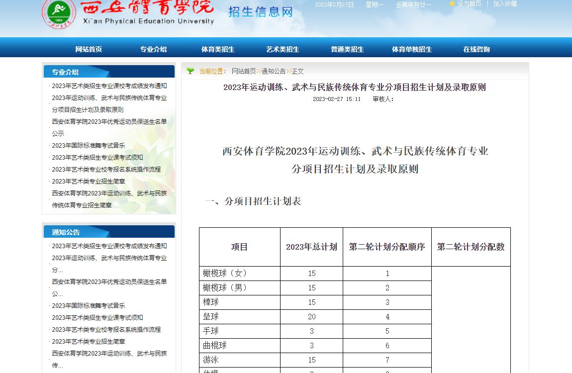 西安體育學院2023年運動訓練、武術與民族傳統體育專業分項目招生計劃及錄取原則